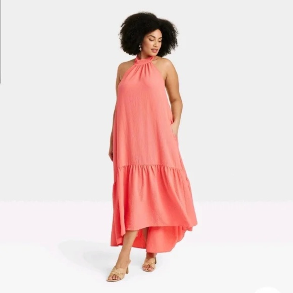 Coral Halter Neck Maxi Dress